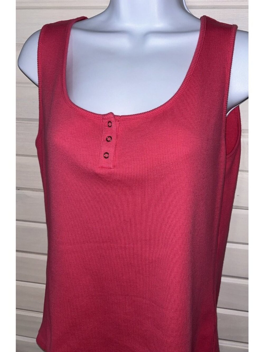 J. JILL Sz MEDIUM Pink Ribbed Tank Tee Shirt Henley Scoop Neck Cotton EUC